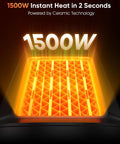 Portable 1500W Space Heater With PTC Ceramic Heating, glowing element highlighted, showcasing instant heat capability.