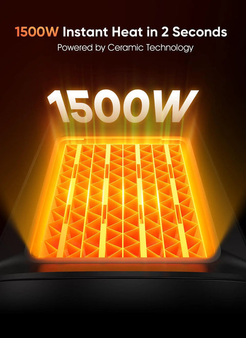 Portable 1500W Space Heater With PTC Ceramic Heating, glowing element highlighted, showcasing instant heat capability.