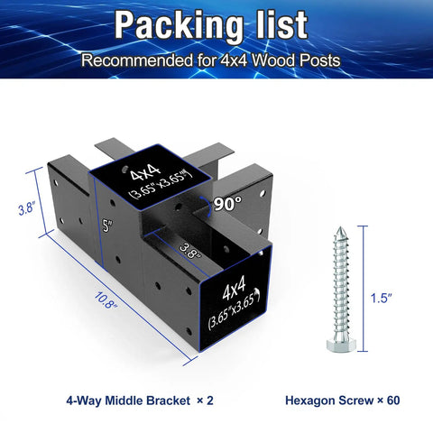 4x4 Pergola Brackets Kit 4 Way Corner Brackets For Gazebos And Patios Heavy Duty Wood Post Supports with screws and dimensions