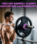Man using Heavy Duty 2 Inch Barbell Clamps Set Of Two Quick Release Weight Clips With Grippy Anti Slip TPR Lining Secure Weightlifting Collars For Home Gym Or Pros Use Purple during weightlifting.