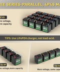 12V LiFePO4 Battery 6Ah Compact Deep Cycle Power Pack Ditch Lead Acid with 8A BMS shown in series-parallel setup.