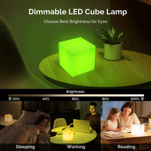 Dimmable LED cube lamp brightness settings for sleeping, working, reading; 4 Inch RGB LED Cube Mood Light Tesseract Cube With 16 Color Options Waterproof IP65 Remote Controlled Night Light For Kids Nursery Bedroom And Totally Fun Gift Idea.