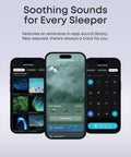 Three smartphones displaying sleep audio library for Sleep Earbuds With Active Noise Cancellation And Snore Masking For Deeper Sleep.