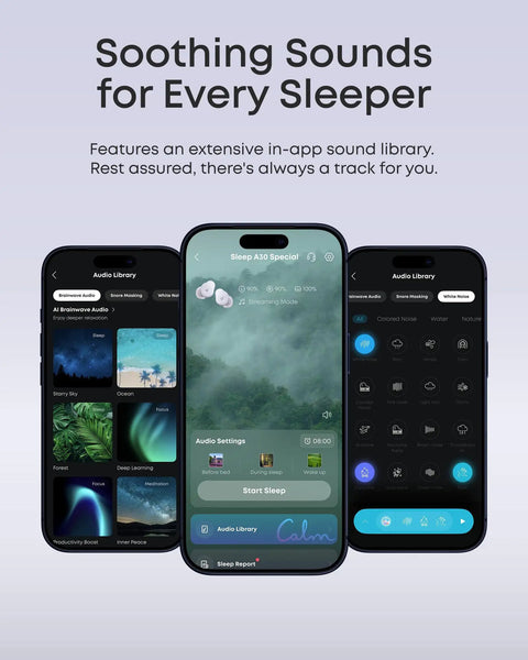 Three smartphones displaying sleep audio library for Sleep Earbuds With Active Noise Cancellation And Snore Masking For Deeper Sleep.