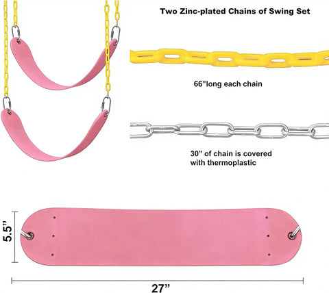 Heavy Duty Swing Set Hardware Replacement Kit With 2 Pink Brackets, 4 Hangers, 2 Pink Seats, And All Accessories For Outdoor Playground Equipment Including Bolts, Gaskets, Hooks And Chains