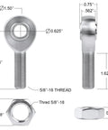 Five Eighths Inch Heim Joint Rod End Kit With Left And Right Hand Threads, Jam Nut, Tube Adapters For 0.790 Inch ID Tube, Heat Treated Chromoly, Hard Chrome Plated Finish, Heavy Duty Performance, Max Load 17,955 Lbs. 5/8-18 thread rod end with jam nut and dimensions