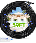 Outdoor Misting System Kit With Water Filter, 59 Ft Misting Line And 17 Premium Nozzles coiled with garden backdrop