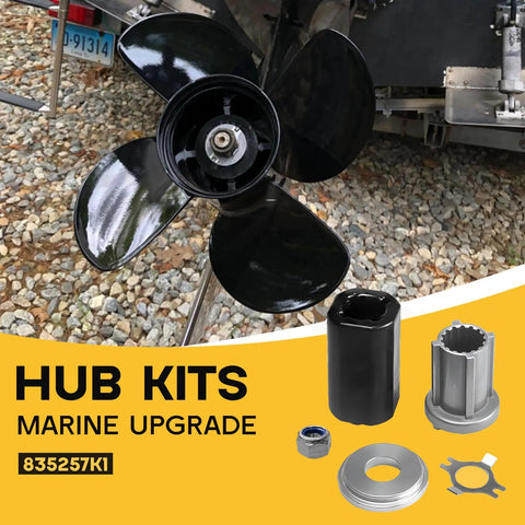 Flo Torq II Hub Kit 835257K1 For Mercury 70 To 300 HP Outboard Motors shown with marine propeller and components.