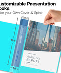 Person holding aqua Meeting Ready 24-Pocket Presentation Binder for 8.5x11 documents, showcasing customizable cover and spine with report inside.