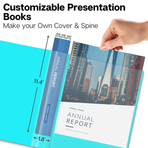 Person holding aqua Meeting Ready 24-Pocket Presentation Binder for 8.5x11 documents, showcasing customizable cover and spine with report inside.