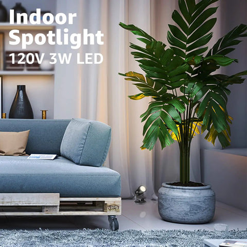 Two Pack Indoor LED Spot Lights For Plants And Decor With 120V Warm White 3000K Glow illuminating plant beside sofa