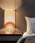 Minimalist Boho Bedside Lamp With Rainbow Sun Rays on nightstand, solid wood base, flaxen fabric shade, bedroom lighting