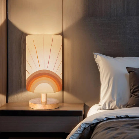 Minimalist Boho Bedside Lamp With Rainbow Sun Rays on nightstand, solid wood base, flaxen fabric shade, bedroom lighting