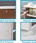 Four Tier Foldable Plastic Drawer Storage With Wheels showing leather pull handle, magnetic door, snap fastening, and moveable wheels.
