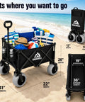 All Terrain Beach Wagon With Big Sand Wheels, Ultra Durable Collapsible Beach Cart for Kids and the Crew, Camping and Outdoor Adventures, Folding Cart with 9-Inch Foam-Filled Tires for Smooth Haul on Sand, Grass and Gravel shown on a beach with filled basket.