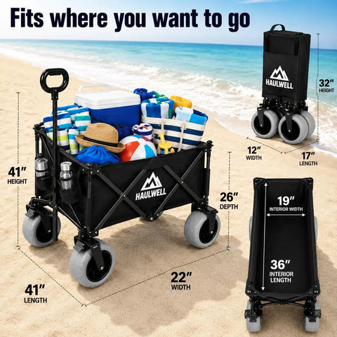 All Terrain Beach Wagon With Big Sand Wheels, Ultra Durable Collapsible Beach Cart for Kids and the Crew, Camping and Outdoor Adventures, Folding Cart with 9-Inch Foam-Filled Tires for Smooth Haul on Sand, Grass and Gravel shown on a beach with filled basket.