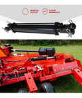 Double Acting Tie-Rod Hydraulic Cylinder for Agriculture 2500 PSI, 2.5 Inch Bore, 12 Inch Stroke, 1.125 Inch Rod, 3/8 Inch NPT Ports, 2.88 Inch Outer Diameter, Agriculture Standard and Heavy Duty Lift mounted on red farm equipment