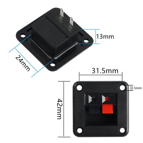 Speaker Terminal Block 2 Position PCB Mount Connector Clamp Set 6 Pack For Amplifier Projects, front and back view dimensions