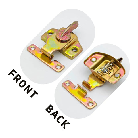 Heavy Duty Metal Table Locks Built Tough Align N Lock Furniture Connectors With Included Mounting Screws Premium Gold Finish, shown from front and back.