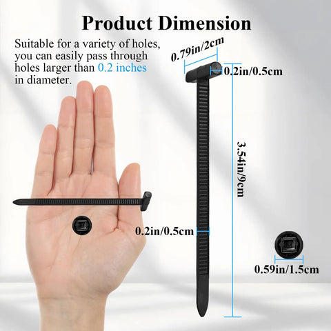 Upgraded Nylon Universal Cable Tie Buckle Self Locking Kit, 3.54-inch heavy-duty black zip tie in hand, product dimension shown.