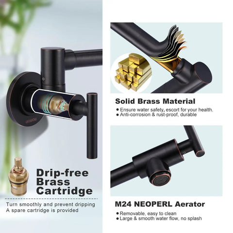 Oil Rubbed Bronze Pot Filler Faucet With Solid Brass Build, featuring double joint swing arm and drip-free brass cartridge