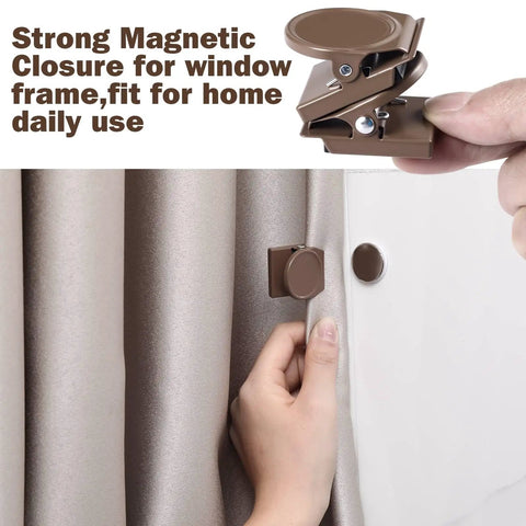 10 Pcs Magnetic Curtain Clips Closure Magnets For Indoor Outdoor Curtains No Light Leakage On Patio Gazebo Cabana Dark Brown Easy Install And Gentle On Curtains shown installed on fabric