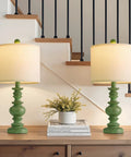 Rustic 27.5 Inch Table Lamp Set of 2 with 3-Way Dimmable Touch Control, USB Ports on wooden table, staircase background