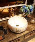 USZWBY Vessel Sinks Bathroom Vessel Sink Nordic Round Ceramic Washbasin Forest Art with faucet on countertop.