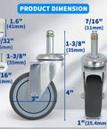 Heavy Duty Rubber Caster Wheels Set Of Four 3 Inch Diameter With 7/16 Inch Stem showing product dimensions and details.