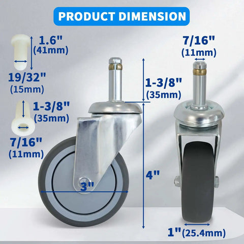 Heavy Duty Rubber Caster Wheels Set Of Four 3 Inch Diameter With 7/16 Inch Stem showing product dimensions and details.