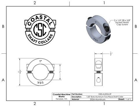 Technical drawing of Two Piece Shaft Collar Set 1 Inch Bore Clamp Split Aluminum 2024 Aluminum Alloy 2 Pack with dimensions.