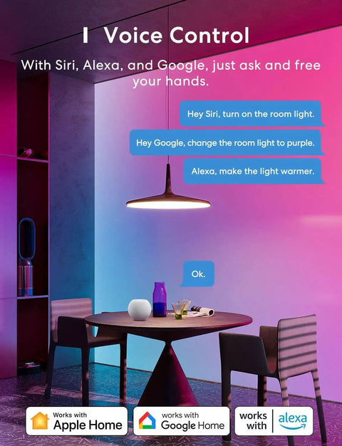 Dining room showcasing Smart WiFi LED Bulb Dimmable RGBWW 2700K 6500K With Alexa SmartThings Compatibility No Hub Required