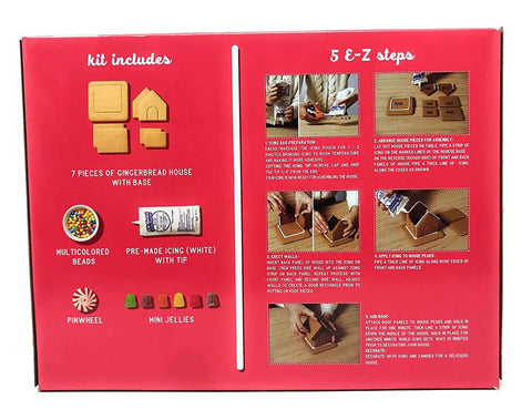 Back of EZ Build Gingerbread House Kit with prebaked pieces, white icing, festive candy, and assembly steps displayed on box.