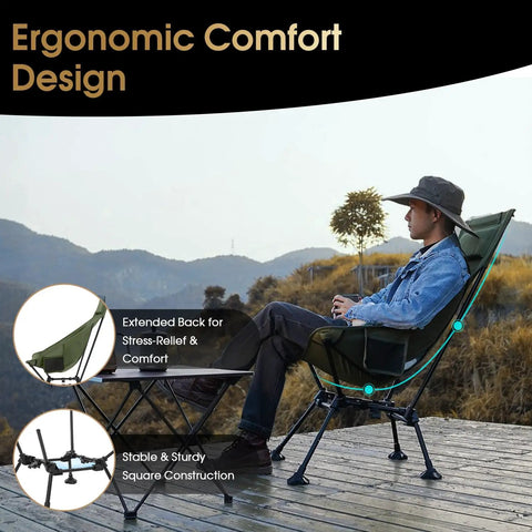 Person relaxing outdoors in High Back Folding Camping Chair With Three-Position Height Adjustment, scenic mountain view.