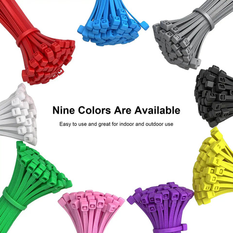 Nine colors of 100 Pack 8 Inch Self Locking Nylon Cable Ties Heavy Duty Multipurpose 0.18 Inch Wide With 50 Lb Tensile Strength