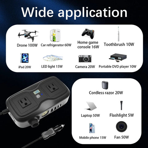 200W Car Power Inverter 12V Dc To 110V Ac With Dual Ac Outlets And Quad Usb Charging Ports Featuring Pd 20W Qc 3.0 Fast Charging, showing various devices it powers.