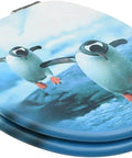 Ultra Soft Flannel Toilet Seat Covers With Quiet Closing Lids, featuring penguin design and blue tones, for cozy bathroom use.
