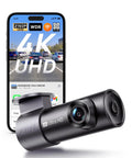 4K Dash Cam Front With Night Vision, 140 Degree Wide View, WiFi App Control, shown with smartphone interface