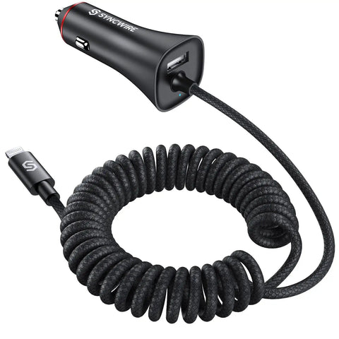 MFi Certified USB C Car Charger for iPhone and iPad, 32W Quick Charge With PD 20W And 12W USB, Built In 5 Foot Coiled Lightning Cable