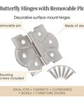 Top Shelf Polished Nickel Butterfly Hinges With Removable Pin Pack Of Two for cabinets, measuring 1-3/4x2-3/8in, steel material.