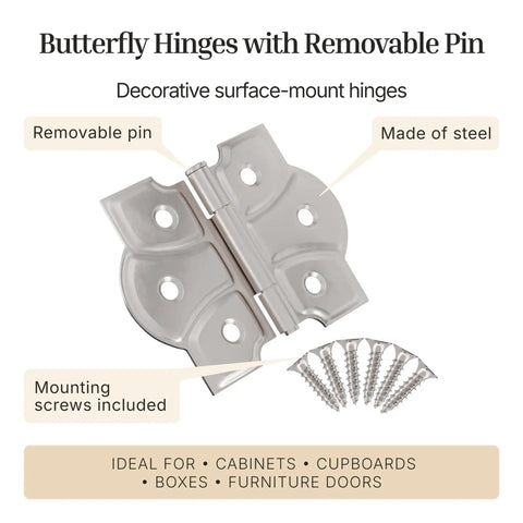 Top Shelf Polished Nickel Butterfly Hinges With Removable Pin Pack Of Two for cabinets, measuring 1-3/4x2-3/8in, steel material.