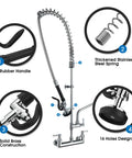 Built Different Commercial Sink Sprayer With 45 Inch Flexible Stainless Pre Rinse Hose and Heavy Duty Overhead Spring Replacement Kit featuring rubber handle and stainless steel spring.