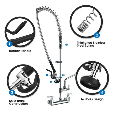 Built Different Commercial Sink Sprayer With 45 Inch Flexible Stainless Pre Rinse Hose and Heavy Duty Overhead Spring Replacement Kit featuring rubber handle and stainless steel spring.
