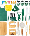 Amazon 20-piece kids safe knife set toy with green apron, wooden boards, rolling pin, whisk, sieve and utensils.