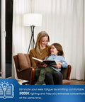 Mother and child reading under a floor lamp with 5000K lighting, representing GU24 Base LED Light Bulb 1200 Lumen 12W Hella Bright