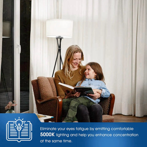 Mother and child reading under a floor lamp with 5000K lighting, representing GU24 Base LED Light Bulb 1200 Lumen 12W Hella Bright