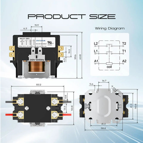 Dimensions and wiring diagram of 2 Pole 30 Amp 240V HVAC Contactor for condensers, compressors, and heat pumps, 600VAC rating.