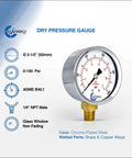 2-1/2 Inch Dry Pressure Gauge With Chrome Plated Steel Case Lower Mount 1/4 NPT Dual Scale Psi Bar KPa Burdon Tube Brass For Air Water Oil Compressors HVAC And Hydraulics A True Workhorse For Pros angled view
