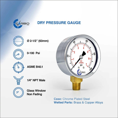 2-1/2 Inch Dry Pressure Gauge With Chrome Plated Steel Case Lower Mount 1/4 NPT Dual Scale Psi Bar KPa Burdon Tube Brass For Air Water Oil Compressors HVAC And Hydraulics A True Workhorse For Pros angled view