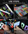 Instructions to apply Colorful Science Lab Wall Decals For Classroom And Nursery, showing detailed steps with vivid letters.